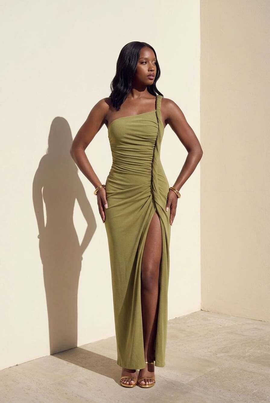 Fore Olive Green One Shoulder Slit Maxi Dress women’s medium